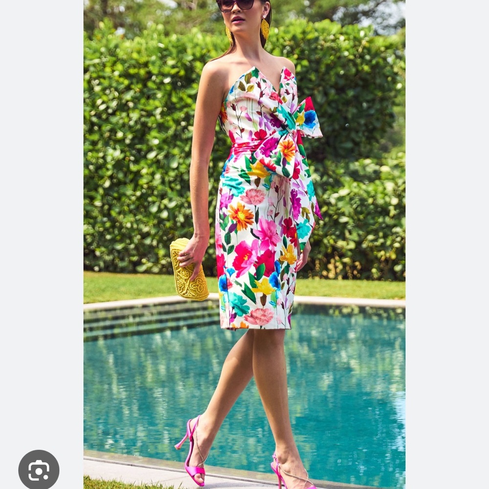 NWT rare sold out badgley mischka strapless floral bow dress